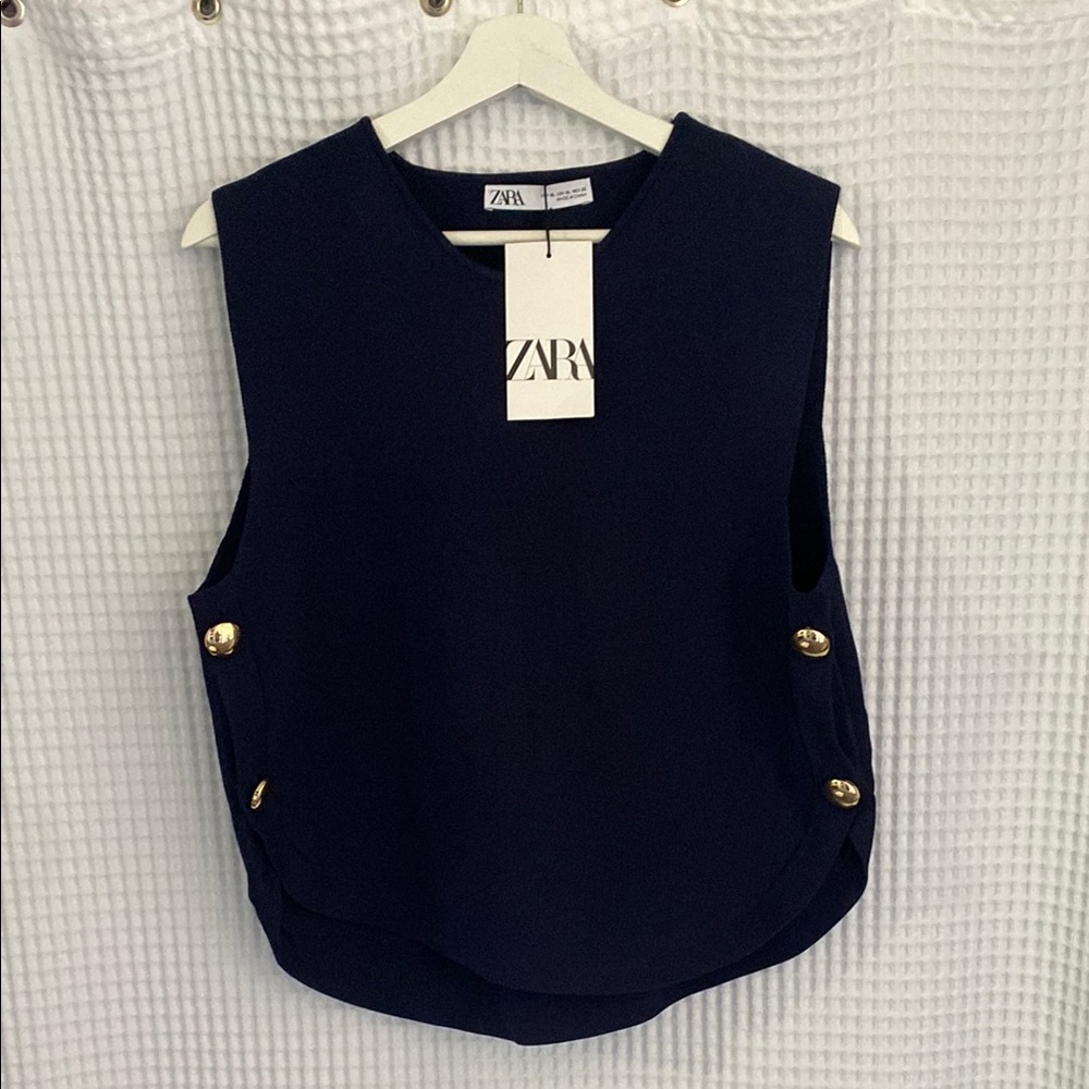 Zara Women's Dark Blue Tank Top with Gold Buttons